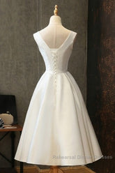 Chic Lace Up Tea Length Vintage Satin Ivory Wedding Dress